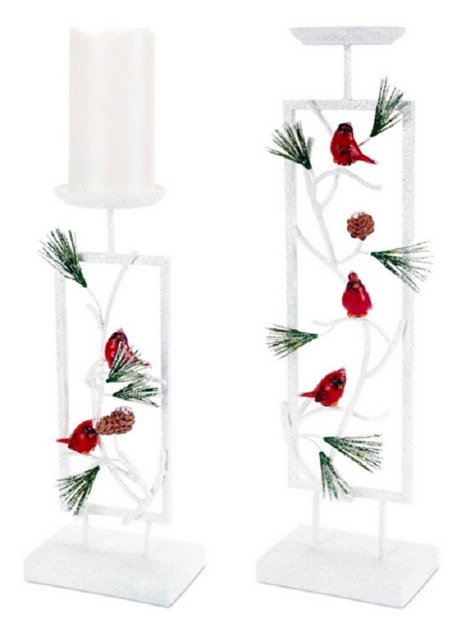 Melrose Snowy Cardinal and Pine Christmas Pillar Candle Holders - 19.5" - Set of 2